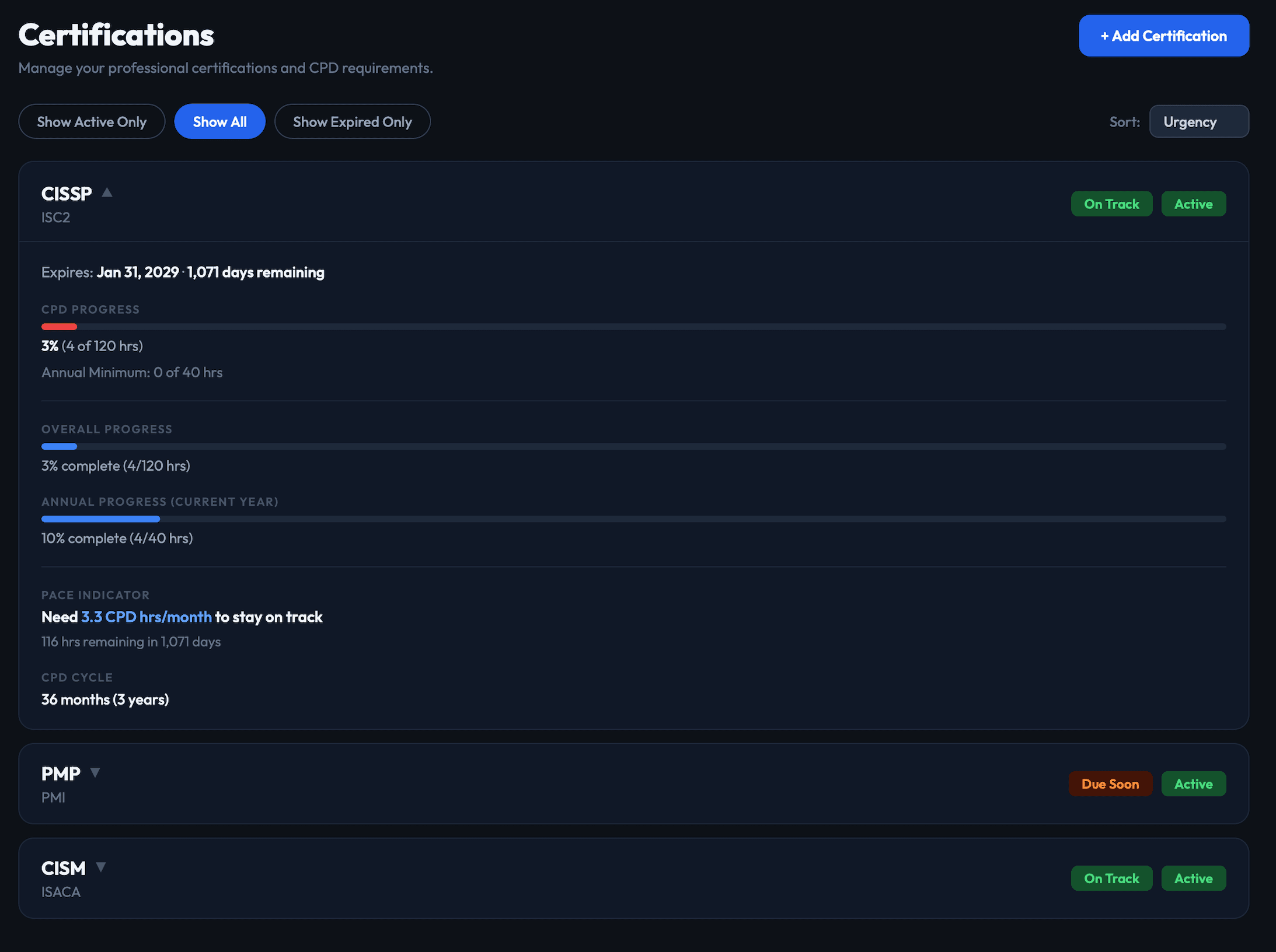Argus dashboard showing certification tracking and CPD progress